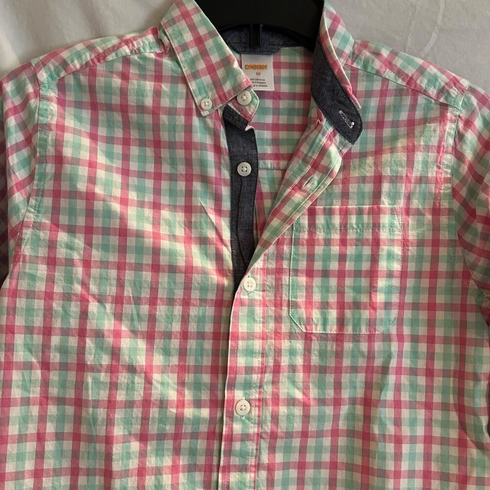 Gymboree Boys 10 Pink Teal Plaid Long Sleeve Button Up NWT Time For Tea